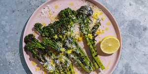 Barbecued broccolini with pecorino and lemon.