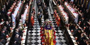 King Charles III,Camilla,Queen Consort,and members of the Royal family walk behind the coffin of Queen Elizabeth II