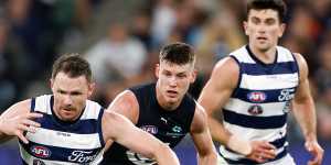 Patrick Dangerfield left the ground with a hamstring injury in the third quarter.