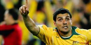 John Aloisi celebrates the Socceroos famous success over Uruguay in 2005.