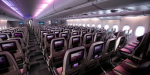 Economy class on board a Qatar Airways Airbus A380.