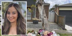 Celeste Manno (inset) and flowers outside her Mernda home,where she was killed.