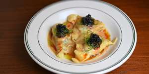 King prawn dumplings with tapioca “caviar”.