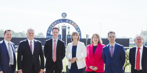 Dealmakers:Planning Minister Paul Scully,ATC chairman Peter McGauran,Premier Chris Minns,Transport Minister Jo Haylen,Parramatta MP Donna Davis,Treasurer Daniel Mookhey and Sydney Metro chief executive Peter Regan.