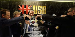 USGFX’s Hong Kong launch in 2018. From left:Shuriken’s Andrew Jeffers,USG director John Martin,USG chief executive Shay Zakhaim. 