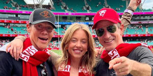 Sweeney with Anyone But You director Will Gluck and Dermot Mulroney at a Sydney Swans match.