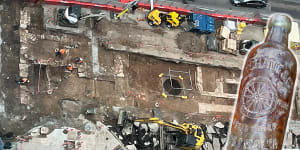 An aerial shot shows the extent of diggings under Adelaide Street,including an early medical facility and foundations for the original Lands Office. Smaller artefacts,including bottles (right),have also been discovered.