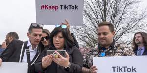 Devotees of TikTok protest the bill outside the Capitol in Washington.