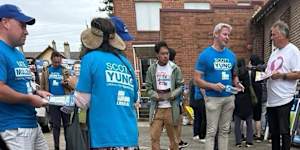 Gareth Hales,multimillionaire son of the Plymouth Brethren Christian Church leader,Bruce Hales,spotted wearing a blue campaign T-shirt at the Bennelong polling booth on April 30. 