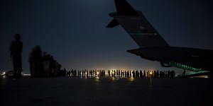 A US Air Force image of the evacuation at evacuation at Hamid Karzai International Airport,Kabul,in the days before the bombing.