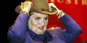 Albright with the Akubra given to her by former foreign affairs minister Alexander Downer during her visit to Australia in 1998. 