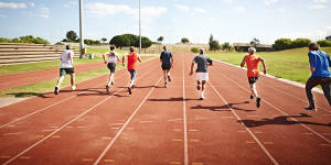 Start sprinting on grass,working your way to pavement and eventually an athletics track.