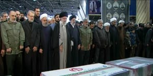 Ayatollah Ali Khamenei,fourth from left,leads a prayer over the coffins of General Qassem Soleimani and his comrades.