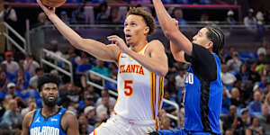 Atlanta Hawks guard Dyson Daniels drives to the hoop.