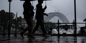 Wet weather at Circular Quay on Thursday.