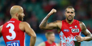Good hit out:Lance Franklin of the Swans celebrates kicking a goal at the SCG. 