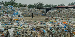 Piles of imported plastic wastes at a closed-down illegal plastic recycling factory in Jenjarom. Malaysia. 