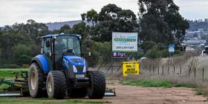 United Australia Party signs have been erected on the property of Big River Instant Turf in Bacchus Marsh. 