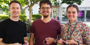(Left to right) Dr Levi Swann,Dr Nathan Boase and Dr Heather McKinnon were part of the developoment team,funded through a $56,000 QUT Early Career Researcher Grant 