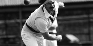 Dennis Lillee – and a glimpse of that cricket-bat pendant – at Lord’s in 1981.