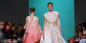 Models walk in the Akira show at Mercedes-Benz Fashion Week Australia at Carriageworks on Thursday.