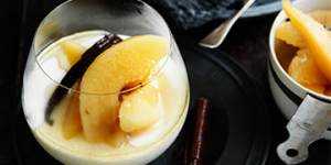Vanilla and buttermilk panna cotta with quince.