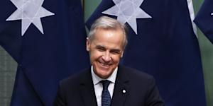 Canada’s Prime Minister Mark Carney addressing the Australian parliament. 