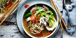 Kylie Kwong’s chicken and Hokkien noodle soup.