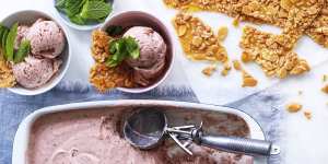 No-churn roasted strawberry and mint ice-cream with almond brittle.