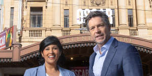 Lord Mayor Nicholas Reece and candidate for deputy lord mayor Roshena Campbell outside the Regent Theatre on Saturday.