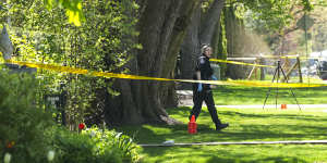 Toronto Police investigate a shooting outside the mansion of rapper Drake in Toronto’s Bridle Path neighborhood.