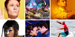 What to see and do in May (clockwise,from top left):Rhys Nicholson,Vivid Sydney,Meyne Wyatt in City of Gold,the Sydney Surf Pro,Moulin Rouge! The Musical and Tkay Maidza.