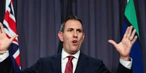 Treasurer Jim Chalmers addresses a press conference after the economic summit. 