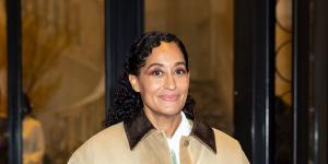 Actor Tracee Ellis Ross (left) layers a classic utility jacket with luxe fabrics;Carhartt’s corduroy-collared jacket (right).