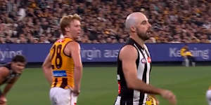 In Collingwood's round eight draw with Hawthorn,Steele Sidebottom kicked a late goal after this controversial moment.