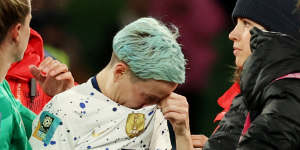 Megan Rapinoe reacts after being knocked out in the round of 16 in her final World Cup.