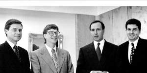 Bill Gates with then Prime Minister Paul Keating and Daniel Petre (far right)