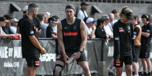 Collingwood’s injured recruit Dan McStay at training before the grand final.