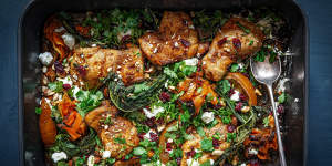 ChickenÂ shawarmaÂ bake with sweet potato,feta and cranberries. Summer traybake recipes and sheetpan dinners for Good Food,January 2020. Images and recipes by KatrinaÂ Meynink. Good Food use only. One tray wonders.