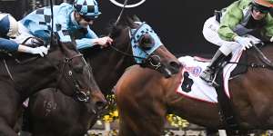 Incentivise,ridden by Brett Prebble,wins the Makybe Diva Stakes at Flemington on Saturday.