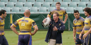 Brian Smith leading a training session with Eels players,including Nathan Hindmarsh (right),in 2006.