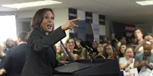 Vice President Kamala Harris speaks at her campaign headquarters in Wilmington,Delaware.