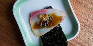 Buri (Japanese kingfish) with spicy ginger miso.