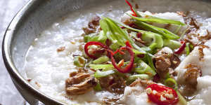 Fish congee. Frank Camorra recipes for Spectrum,The Sydney Morning Herald. Photographed by Marina Oliphant,August 6,2012.