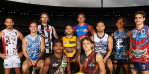Maurice Rioli and Tex Wanganeen show off the Tigers and Bombers’ 2022 Indigenous jumpers.
