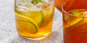 Iced tea with lemon,mint and cucumber.