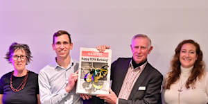Hawkesbury Gazette owner Kooryn Sheaves (left) and mayor Les Sheather (centre right) at the 2025 relaunch.