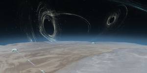 An artist's impression of how a 40 kilometre gravity wave observatory would look. In the sky above it are some of the black holes it might detect.