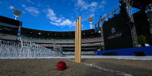 Pitch,wickets and a cricket ball. State Memorial Service for Shane Warne at the Melbourne Cricket Ground 30th March 2022.