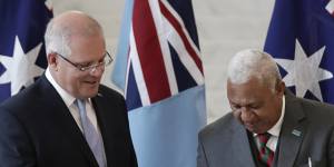 Prime Minister Scott Morrison and Fiji’s Frank Bainimarama during his official visit to Parliament House in Canberra in 2019. 